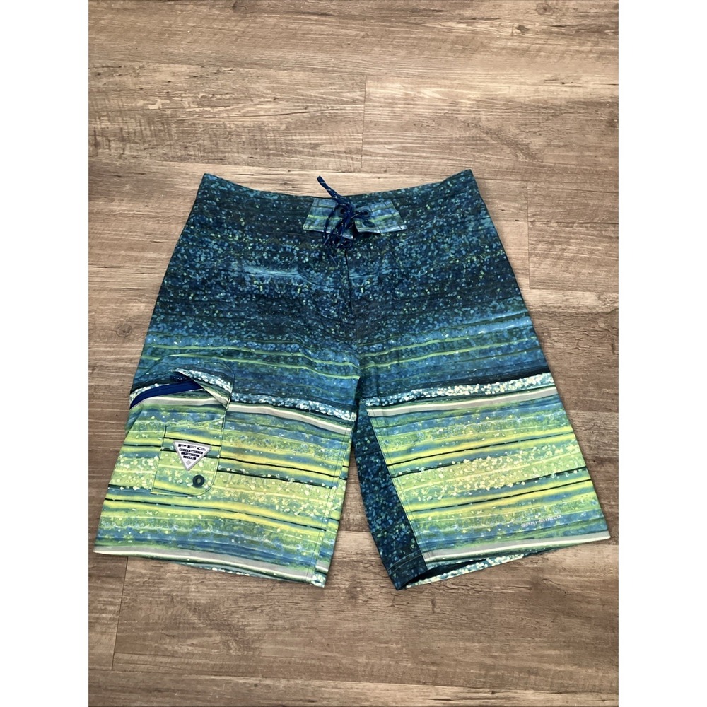 Columbia PFG Shorts Mens 34x11" Fishing Blue Green Striped Quick Dry Pocket Logo